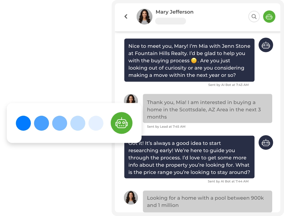 AI-powered text messaging bot in Wise Agent CRM for automated lead follow-up