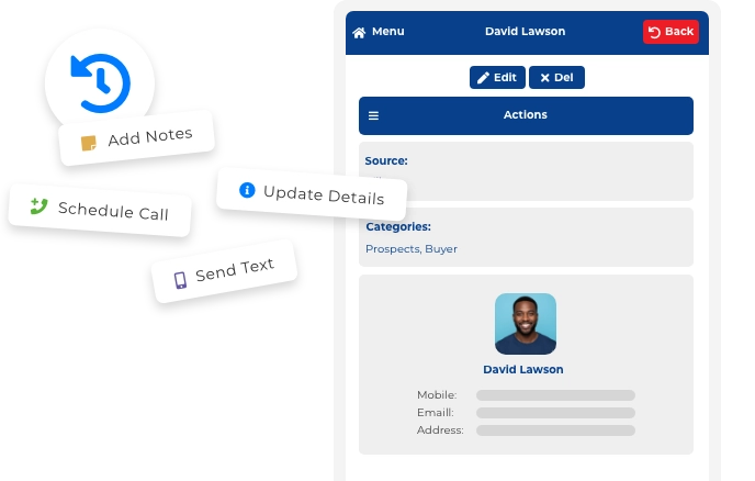 Mobile contact management on phone showing contact details, notes, and tasks