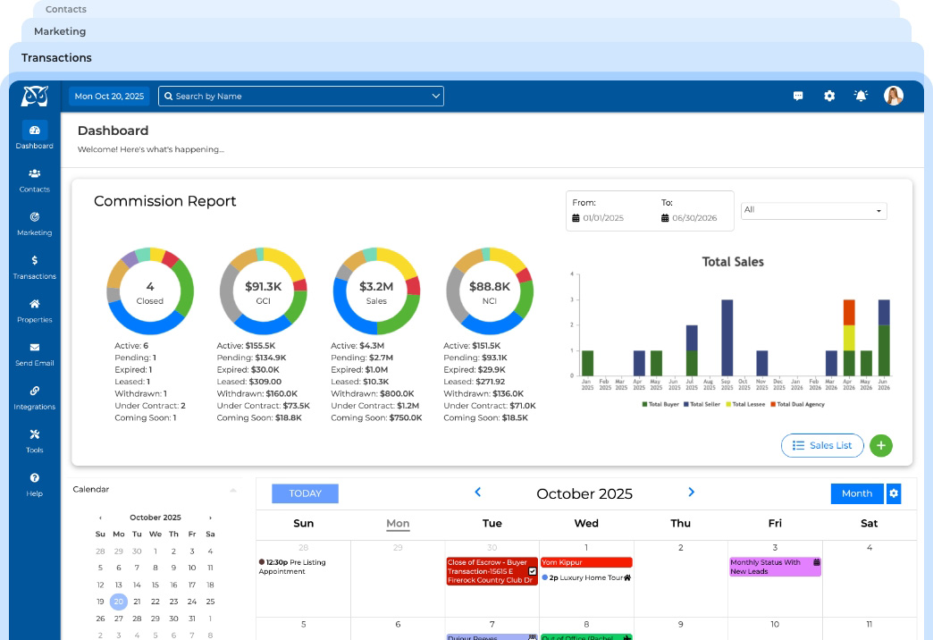 Wise Agent CRM dashboard showing real estate contact management, transactions and marketing