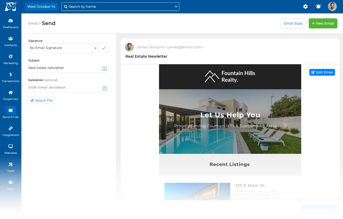 Wise Agent CRM bulk email composer with a real estate newsletter preview