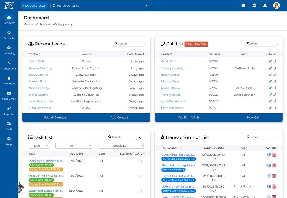 Wise Agent CRM dashboard showing contacts, tasks, and lead management tools