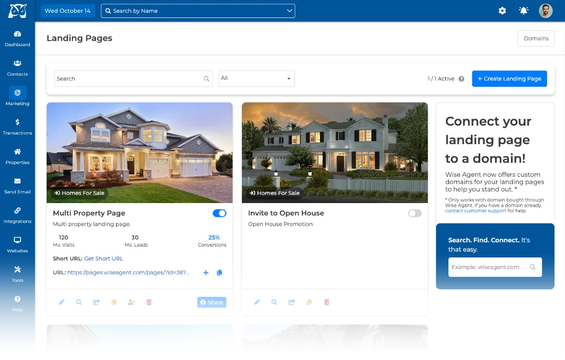 Wise Agent landing pages dashboard showing with visits, leads and conversion stats