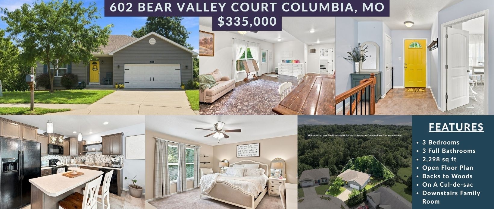 602 Bear Valley Court, Columbia, MO, $335,000. 3 bedrooms, 3 full bathrooms, 2,298 sq ft, open floor plan, backs to woods, on a cul-de-sac, downstairs family room